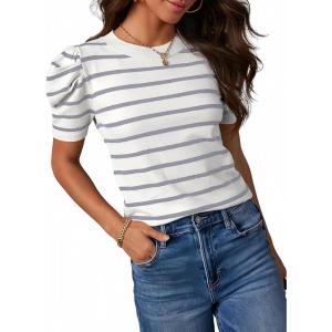 imageDokotoo Womens Short Puff Sleeve Knit Tops 2025 Trendy Crewneck Striped T Shirts Casual Summer BlousesGray Stripe