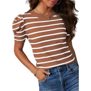 imageDokotoo Womens Short Puff Sleeve Knit Tops 2025 Trendy Crewneck Striped T Shirts Casual Summer BlousesKhaki Stripe
