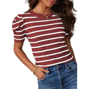 imageDokotoo Womens Short Puff Sleeve Knit Tops 2025 Trendy Crewneck Striped T Shirts Casual Summer BlousesRed Stripe