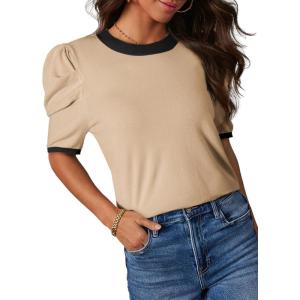 imageDokotoo Womens Short Puff Sleeve Knit Tops 2025 Trendy Crewneck Striped T Shirts Casual Summer BlousesY Beige