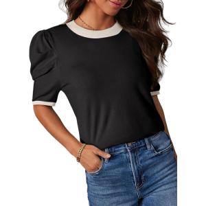 imageDokotoo Womens Short Puff Sleeve Knit Tops 2025 Trendy Crewneck Striped T Shirts Casual Summer BlousesY Black
