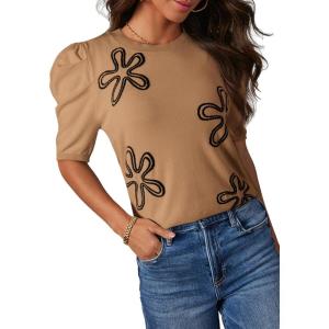 imageDokotoo Womens Short Puff Sleeve Knit Tops 2025 Trendy Crewneck Striped T Shirts Casual Summer BlousesY Brown