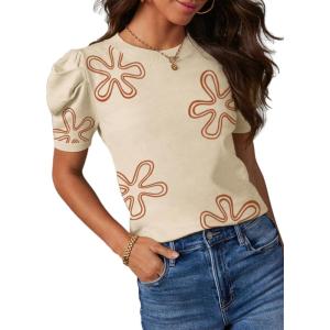 imageDokotoo Womens Short Puff Sleeve Knit Tops 2025 Trendy Crewneck Striped T Shirts Casual Summer BlousesY Offwhite