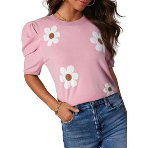 imageDokotoo Womens Short Puff Sleeve Knit Tops 2025 Trendy Crewneck Striped T Shirts Casual Summer BlousesY Pink
