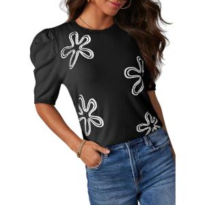 imageDokotoo Womens Short Puff Sleeve Knit Tops 2025 Trendy Crewneck Striped T Shirts Casual Summer BlousesZ Black