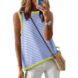 imageDokotoo Womens Summer Tops 2025 Casual Striped Color Block High Neck Tank Top Loose Knit High Low Sleeveless Shirts BlousesBeau Blue