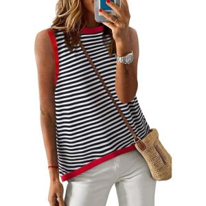 imageDokotoo Womens Summer Tops 2025 Casual Striped Color Block High Neck Tank Top Loose Knit High Low Sleeveless Shirts BlousesBlack 1