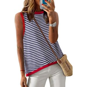 imageDokotoo Womens Summer Tops 2025 Casual Striped Color Block High Neck Tank Top Loose Knit High Low Sleeveless Shirts BlousesBlue