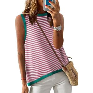 imageDokotoo Womens Summer Tops 2025 Casual Striped Color Block High Neck Tank Top Loose Knit High Low Sleeveless Shirts BlousesBright Pink