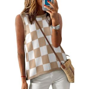 imageDokotoo Womens Summer Tops 2025 Casual Striped Color Block High Neck Tank Top Loose Knit High Low Sleeveless Shirts BlousesChechered Apricot