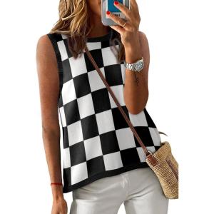 imageDokotoo Womens Summer Tops 2025 Casual Striped Color Block High Neck Tank Top Loose Knit High Low Sleeveless Shirts BlousesChechered Black