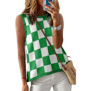 imageDokotoo Womens Summer Tops 2025 Casual Striped Color Block High Neck Tank Top Loose Knit High Low Sleeveless Shirts BlousesCheckered Green