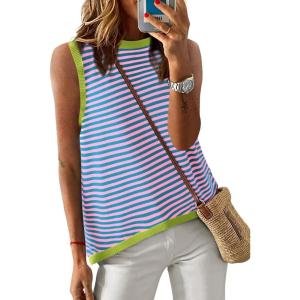 imageDokotoo Womens Summer Tops 2025 Casual Striped Color Block High Neck Tank Top Loose Knit High Low Sleeveless Shirts BlousesGreen