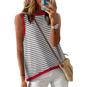 imageDokotoo Womens Summer Tops 2025 Casual Striped Color Block High Neck Tank Top Loose Knit High Low Sleeveless Shirts BlousesGrey