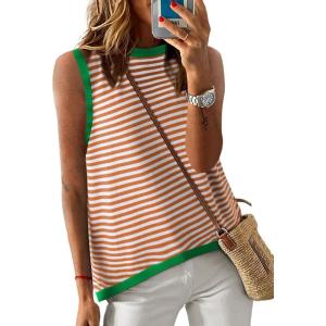 imageDokotoo Womens Summer Tops 2025 Casual Striped Color Block High Neck Tank Top Loose Knit High Low Sleeveless Shirts BlousesOrange