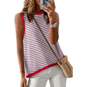 imageDokotoo Womens Summer Tops 2025 Casual Striped Color Block High Neck Tank Top Loose Knit High Low Sleeveless Shirts BlousesPink