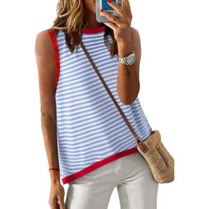 imageDokotoo Womens Summer Tops 2025 Casual Striped Color Block High Neck Tank Top Loose Knit High Low Sleeveless Shirts BlousesSky Blue