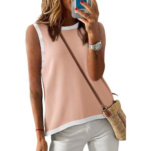imageDokotoo Womens Summer Tops 2025 Casual Striped Color Block High Neck Tank Top Loose Knit High Low Sleeveless Shirts BlousesSolid Pink