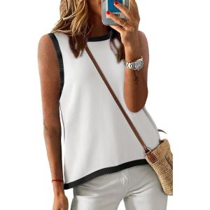 imageDokotoo Womens Summer Tops 2025 Casual Striped Color Block High Neck Tank Top Loose Knit High Low Sleeveless Shirts BlousesSolid White