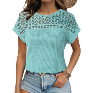 imageDokotoo Womens Tops Casual Scoop Neck Short Sleeve Waffle Knit Hollow Out Shirts Loose Tunic Tops BlousesAruba Blue