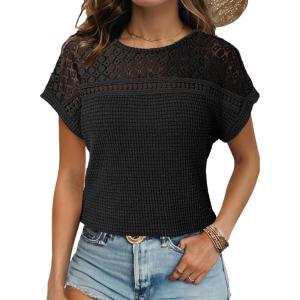 imageDokotoo Womens Tops Casual Scoop Neck Short Sleeve Waffle Knit Hollow Out Shirts Loose Tunic Tops BlousesBlack