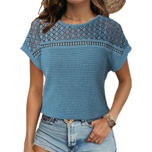 imageDokotoo Womens Tops Casual Scoop Neck Short Sleeve Waffle Knit Hollow Out Shirts Loose Tunic Tops BlousesBlue 1