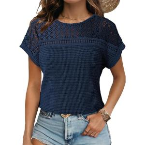 imageDokotoo Womens Tops Casual Scoop Neck Short Sleeve Waffle Knit Hollow Out Shirts Loose Tunic Tops BlousesBlue