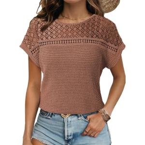 imageDokotoo Womens Tops Casual Scoop Neck Short Sleeve Waffle Knit Hollow Out Shirts Loose Tunic Tops BlousesChestnut