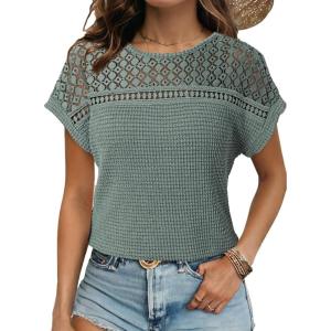 imageDokotoo Womens Tops Casual Scoop Neck Short Sleeve Waffle Knit Hollow Out Shirts Loose Tunic Tops BlousesGreen