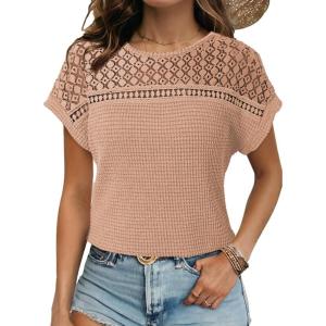 imageDokotoo Womens Tops Casual Scoop Neck Short Sleeve Waffle Knit Hollow Out Shirts Loose Tunic Tops BlousesKhaki