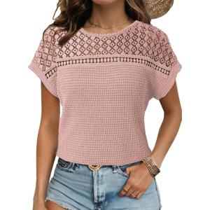 imageDokotoo Womens Tops Casual Scoop Neck Short Sleeve Waffle Knit Hollow Out Shirts Loose Tunic Tops BlousesLight Pink