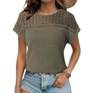 imageDokotoo Womens Tops Casual Scoop Neck Short Sleeve Waffle Knit Hollow Out Shirts Loose Tunic Tops BlousesMoss Green