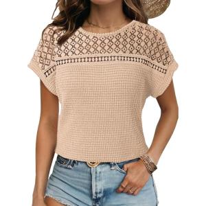imageDokotoo Womens Tops Casual Scoop Neck Short Sleeve Waffle Knit Hollow Out Shirts Loose Tunic Tops BlousesOatmeal