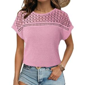 imageDokotoo Womens Tops Casual Scoop Neck Short Sleeve Waffle Knit Hollow Out Shirts Loose Tunic Tops BlousesPink