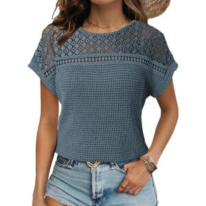 imageDokotoo Womens Tops Casual Scoop Neck Short Sleeve Waffle Knit Hollow Out Shirts Loose Tunic Tops BlousesReal Teal