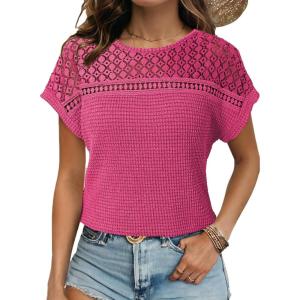 imageDokotoo Womens Tops Casual Scoop Neck Short Sleeve Waffle Knit Hollow Out Shirts Loose Tunic Tops BlousesRose