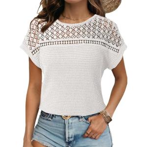 imageDokotoo Womens Tops Casual Scoop Neck Short Sleeve Waffle Knit Hollow Out Shirts Loose Tunic Tops BlousesWhite