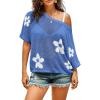 imageDokotoo Womens Floral Fashion Summer Tops 2025 Short Sleeve Crochet Sweaters Swimsuit Cover Ups Lightweight Knit PulloverSky Blue