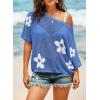 imageDokotoo Womens Floral Fashion Summer Tops 2025 Short Sleeve Crochet Sweaters Swimsuit Cover Ups Lightweight Knit PulloverSky Blue