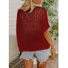 imageDokotoo Womens Summer Scoop Neck Short Sleeve Sweater Casual Crochet Hollow Out Knit Tops Pullover Shirts Beach CoverupFiery Red