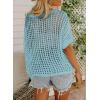 imageDokotoo Womens Summer Scoop Neck Short Sleeve Sweater Casual Crochet Hollow Out Knit Tops Pullover Shirts Beach CoverupLight Blue