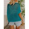 imageDokotoo Womens Summer Scoop Neck Short Sleeve Sweater Casual Crochet Hollow Out Knit Tops Pullover Shirts Beach CoverupPeacock Blue