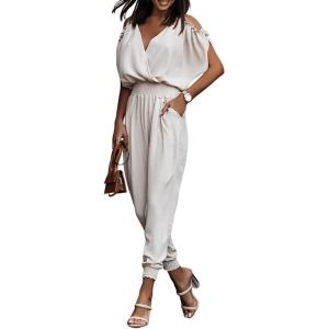 imageDokotoo Jumpsuit for Womens Dressy Casual 2025 One Piece Romper Cold Shoulder Outfits for SummerBeige