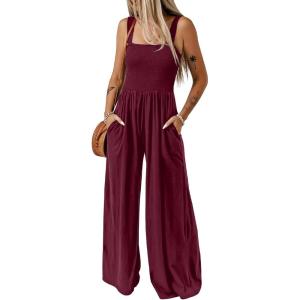imageDokotoo Womens Casual Loose Overalls Jumpsuits One Piece Sleeveless Wide Leg Long Pant Rompers With PocketsBurgundy