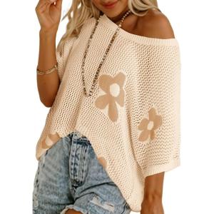 imageDokotoo Womens Floral Fashion Summer Tops 2025 Short Sleeve Crochet Sweaters Swimsuit Cover Ups Lightweight Knit PulloverApricot