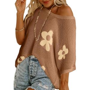 imageDokotoo Womens Floral Fashion Summer Tops 2025 Short Sleeve Crochet Sweaters Swimsuit Cover Ups Lightweight Knit PulloverStraw Yellow