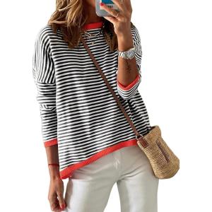 imageDokotoo Womens Long Sleeve Sweaters Casual Crewneck Fashion Fall Striped Color Block Shirts High Low Pullover Sweater TopsA Black