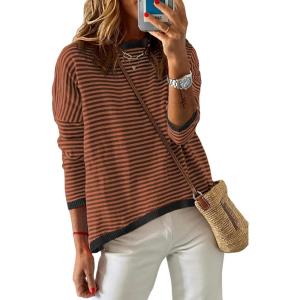 imageDokotoo Womens Long Sleeve Sweaters Casual Crewneck Fashion Fall Striped Color Block Shirts High Low Pullover Sweater TopsC Dark Brown
