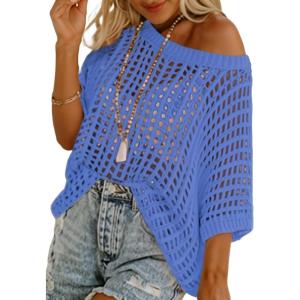 imageDokotoo Womens Summer Scoop Neck Short Sleeve Sweater Casual Crochet Hollow Out Knit Tops Pullover Shirts Beach CoverupAshleigh Blue