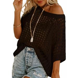 imageDokotoo Womens Summer Scoop Neck Short Sleeve Sweater Casual Crochet Hollow Out Knit Tops Pullover Shirts Beach CoverupBlack